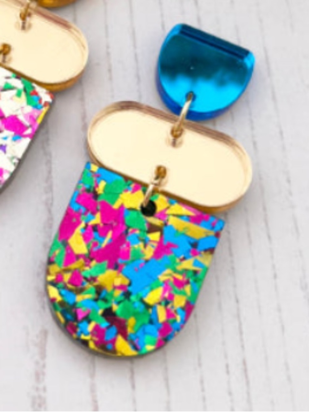 Multicolor Confetti Dangle Earrings with Blue & Gold Accents from Irish Designer